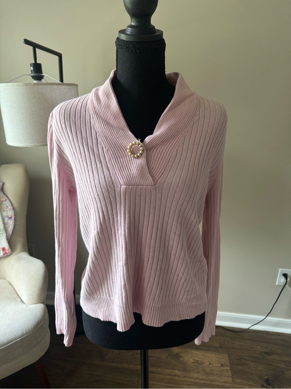 Lauren Ralph Lauren Pink Ribbed Shawl-Collar Sweater with Pin